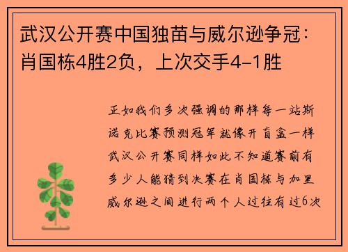 武汉公开赛中国独苗与威尔逊争冠：肖国栋4胜2负，上次交手4-1胜