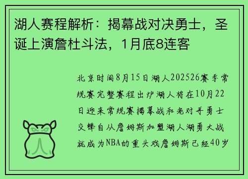 湖人赛程解析：揭幕战对决勇士，圣诞上演詹杜斗法，1月底8连客